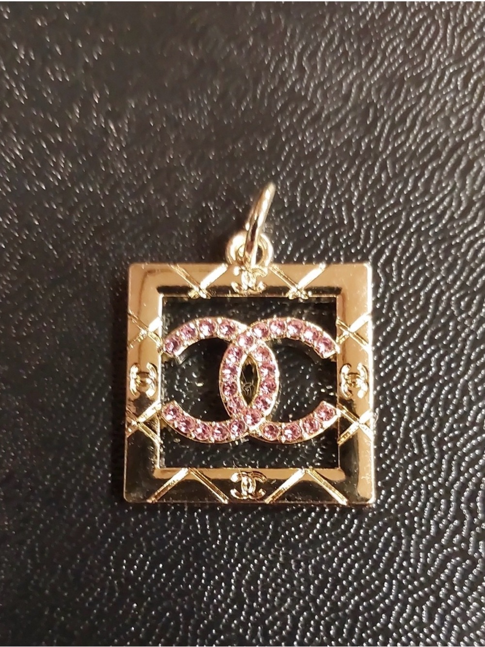 CC Chanel Gold Square Pendant with Pink Crystal CC Logo